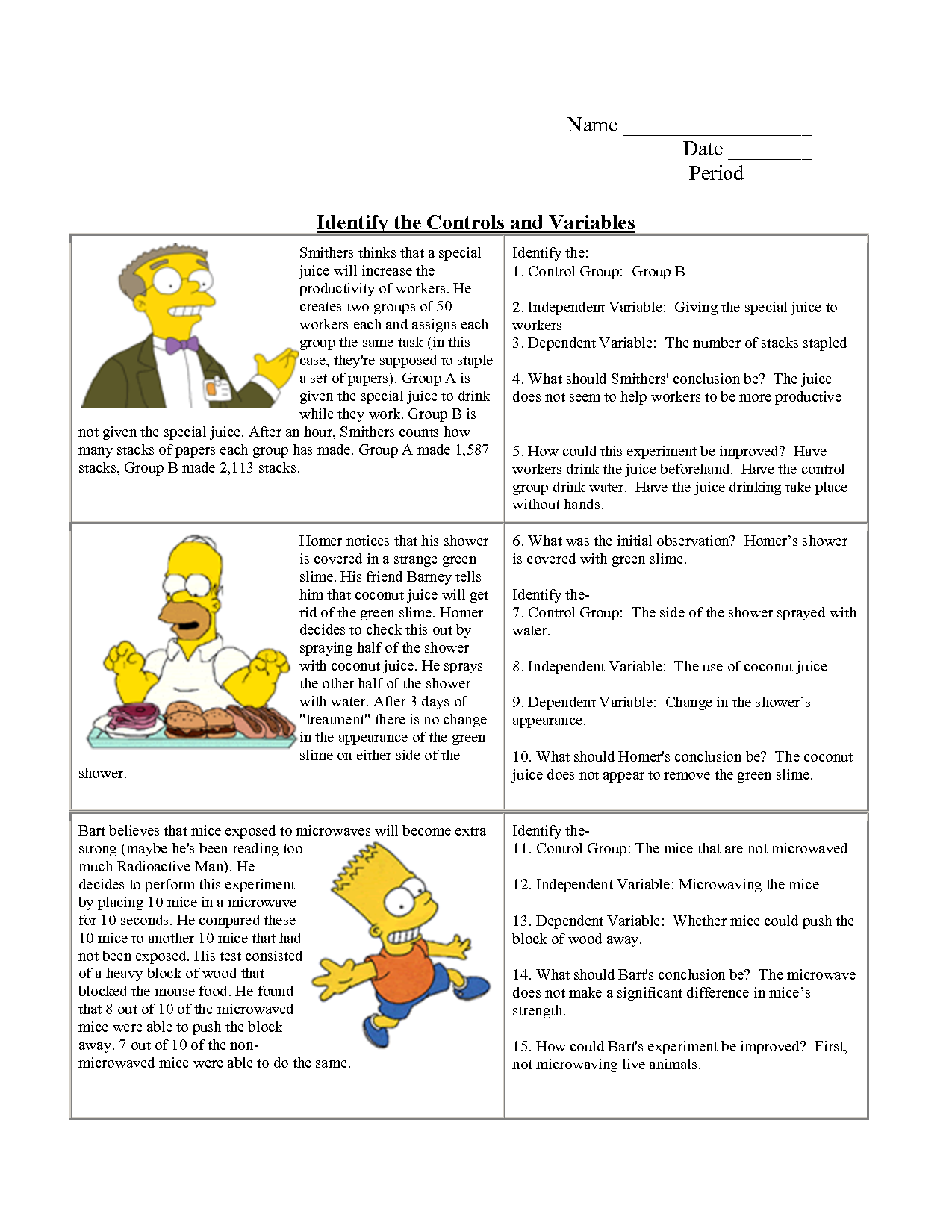Simpsons Variables Worksheet Answer Key