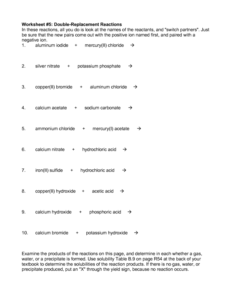 Single Replacement Reactions Worksheets