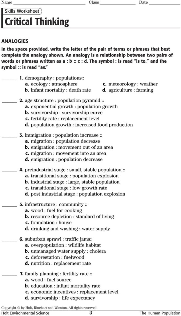 Skills Worksheet Critical Thinking Analogies Environmental Science Db 