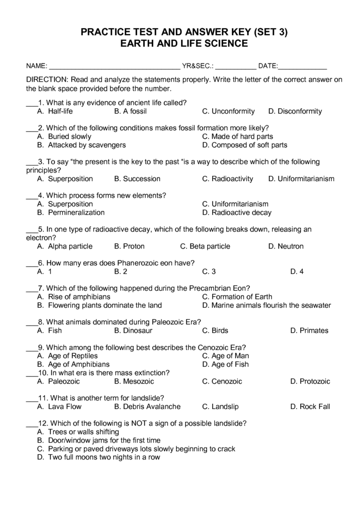 SOLUTION Earth And Life Science Practice Test And Answer Key Set 3 