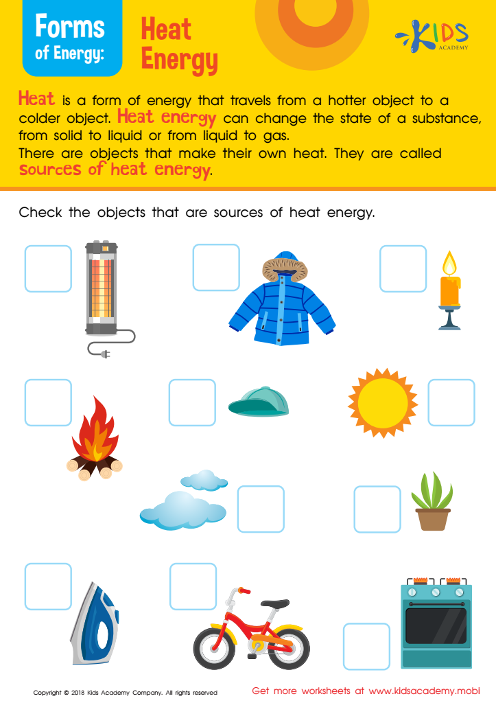 Sources Of Heat Energy Worksheet Free Printable PDF For Kids