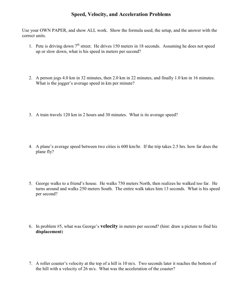 Speed Velocity And Acceleration Worksheet With Answers