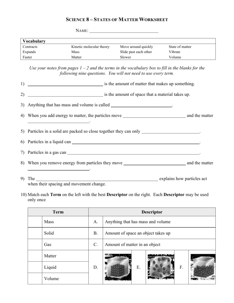 States of Matter Worksheet