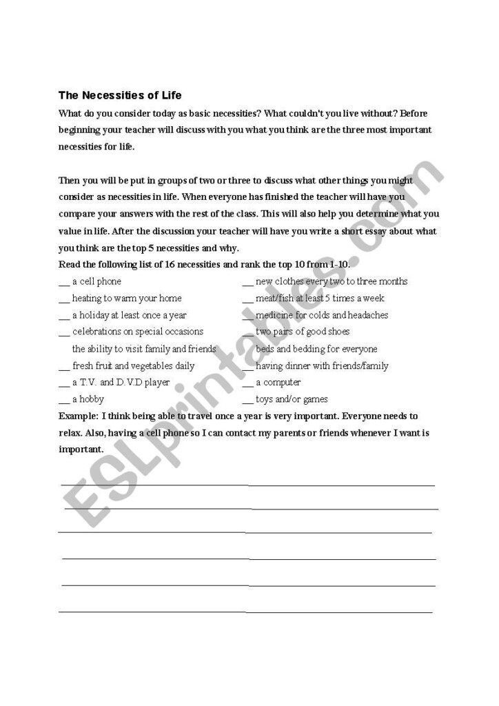 The Necessities Of Life ESL Worksheet By Boro272727