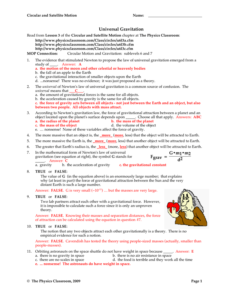 Universal Gravitation Worksheet Answers