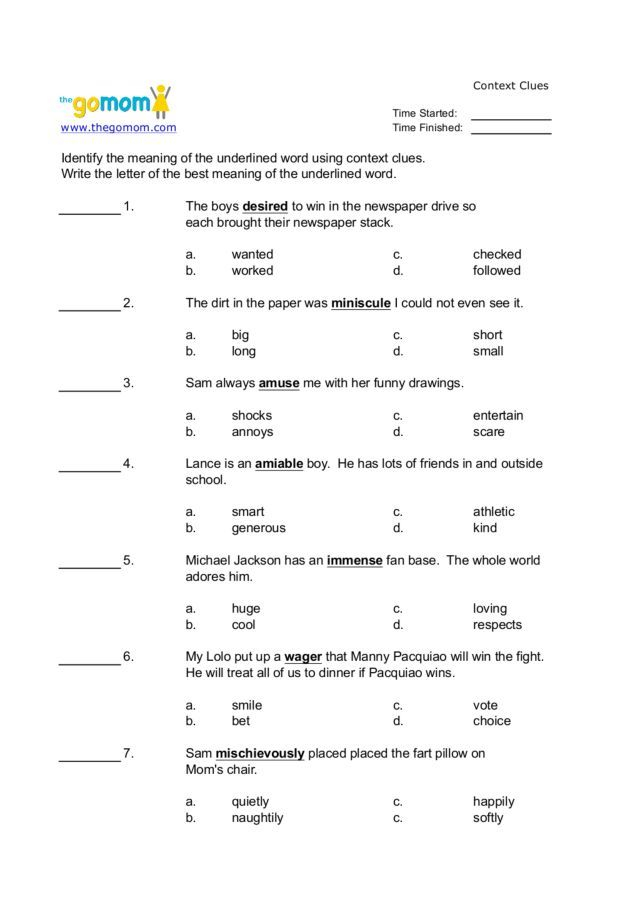 Vocabulary In Context Worksheet