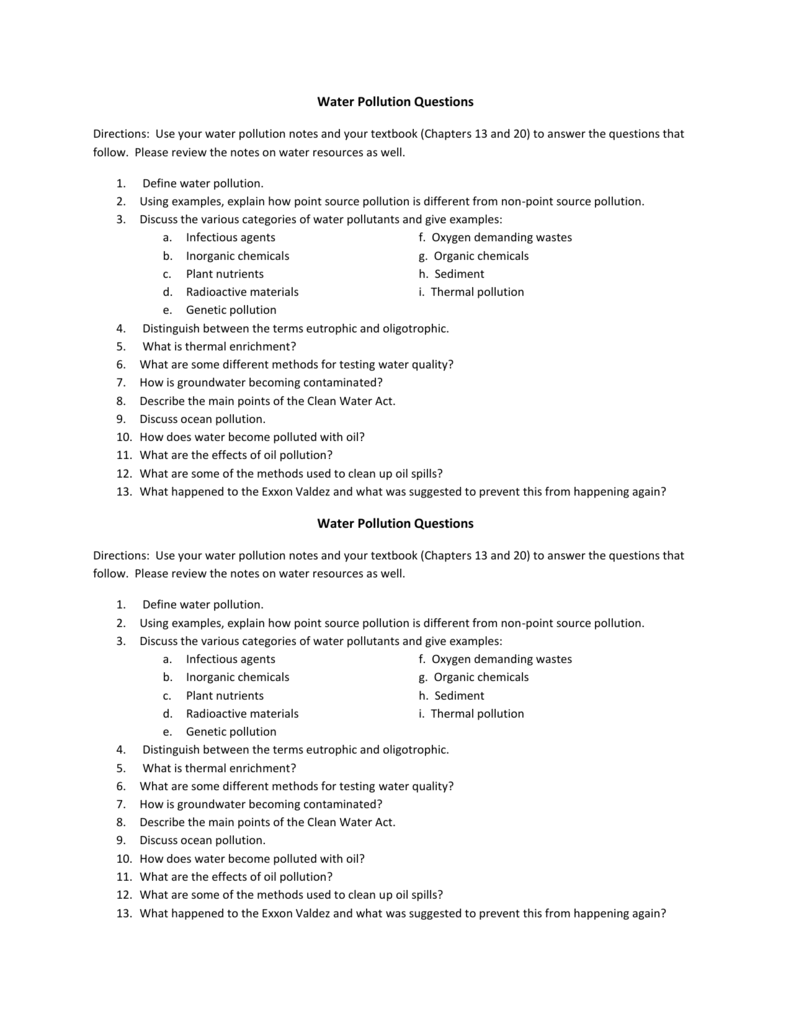 Water Pollution Questions Directions Use Your Water Pollution Notes