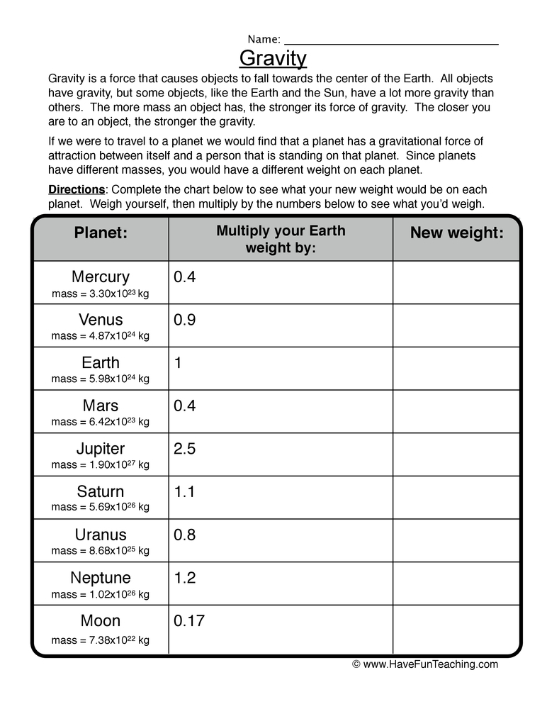 Weight Gravity Worksheet Have Fun Teaching