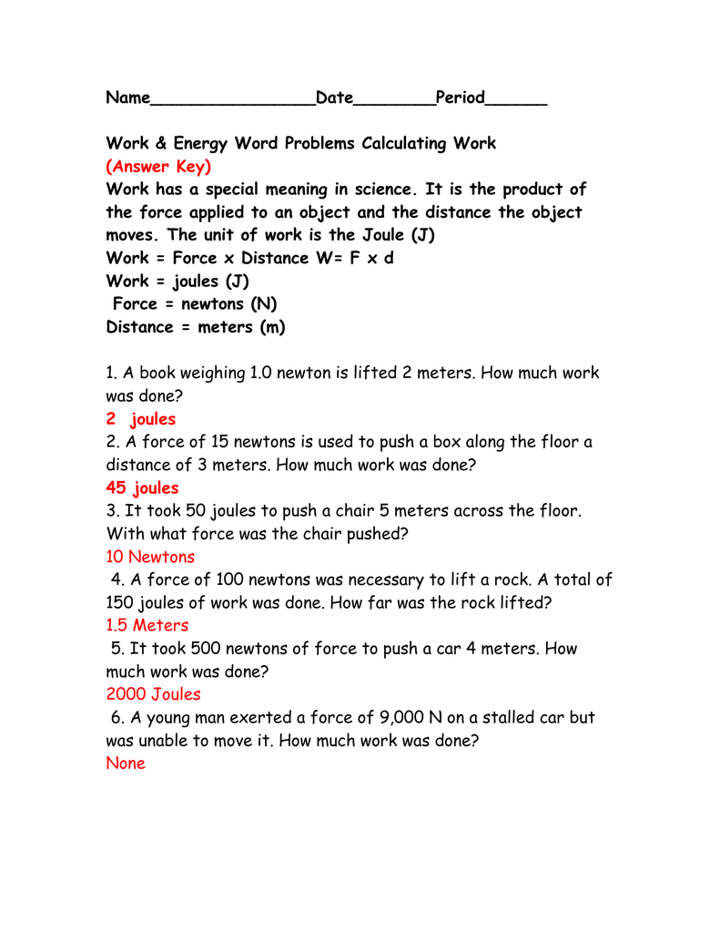 Work Energy And Power Worksheet
