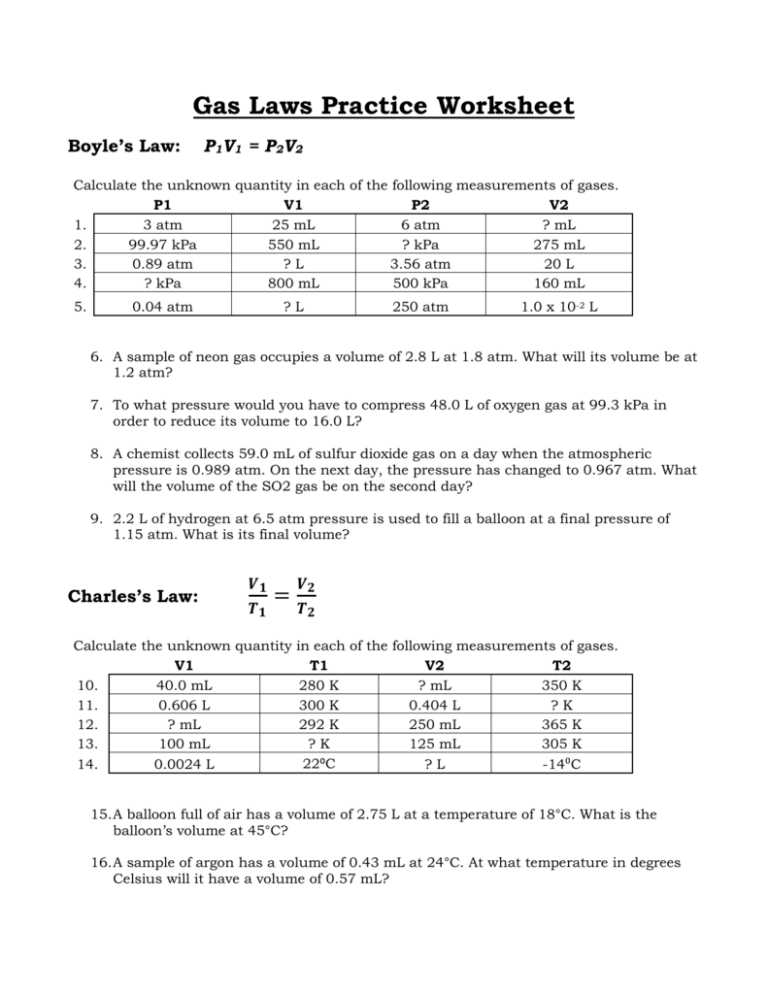 Worksheet Boyle s Law Ws 1 Pressure And Volume Answers