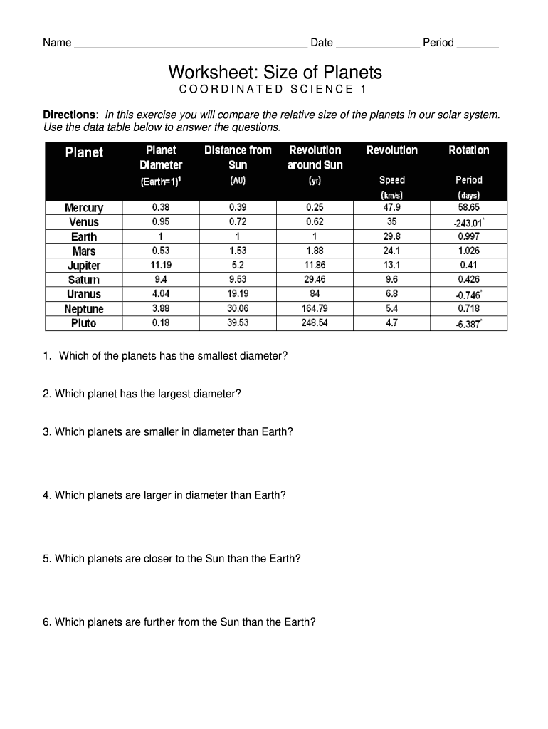 Worksheet Size Of Planets Coordinated Science 1 Answers Fill Online