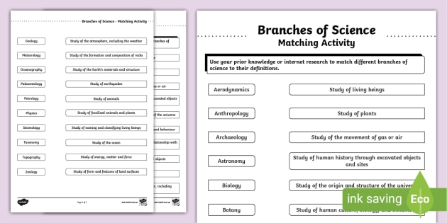 Branches Of Science Matching Activity Worksheet Twinkl