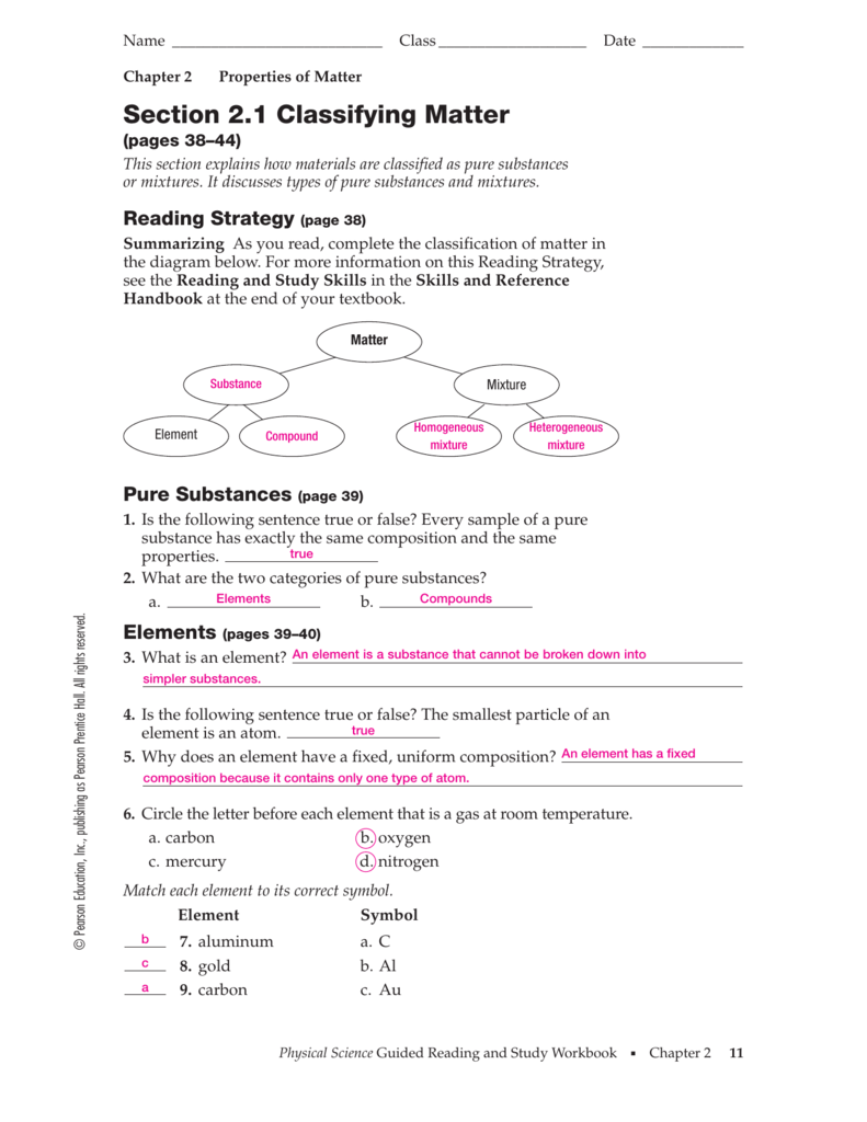 Classifying Matter Worksheet Answer Key