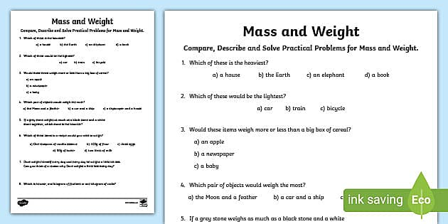 Compare Solve And Describe Practical Problems For Mass And Weight 