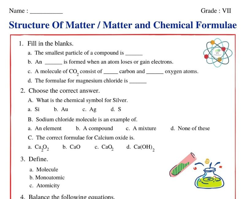 Downloadable Structure Of Matter Worksheet For Class 7 Students