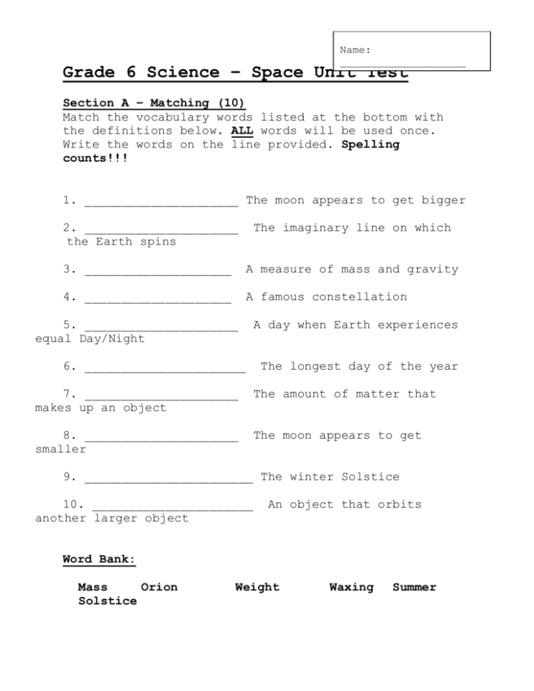 Grade 6 Science Space Unit Test