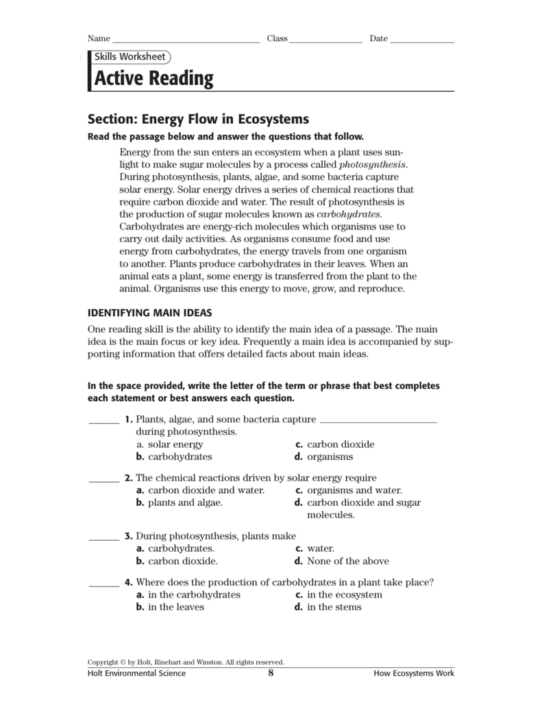 Holt Environmental Science Skills Worksheet Active Reading Answer Key