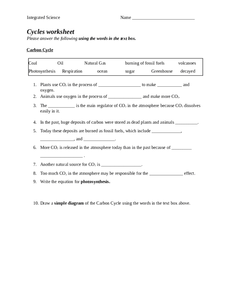 Integrated Science Cycles Worksheet Doc Template PdfFiller