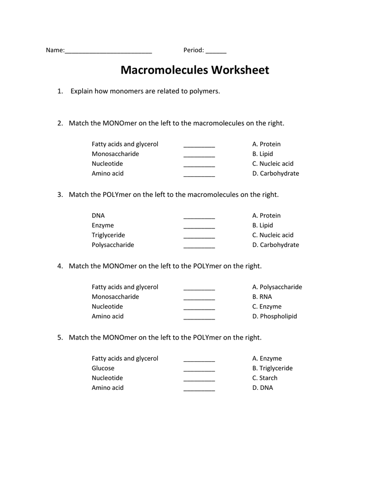 Match Each Monomer To The Correct Polymer 