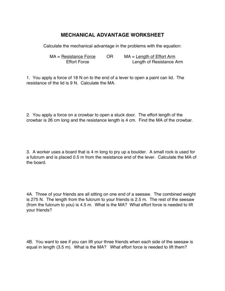 Mechanical Advantage Worksheet 1