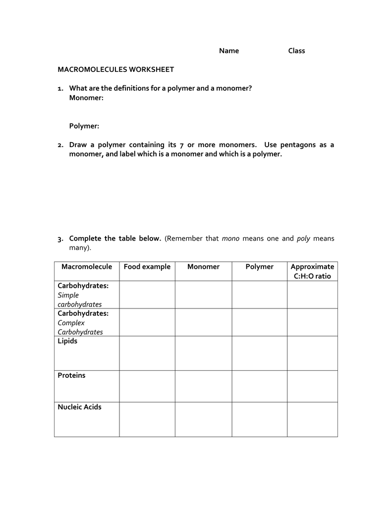 Monomer Polymer Worksheet Answers