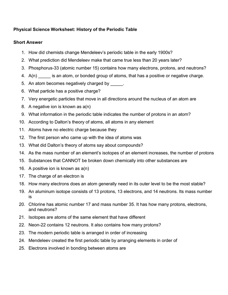 Physical Science Element Worksheet