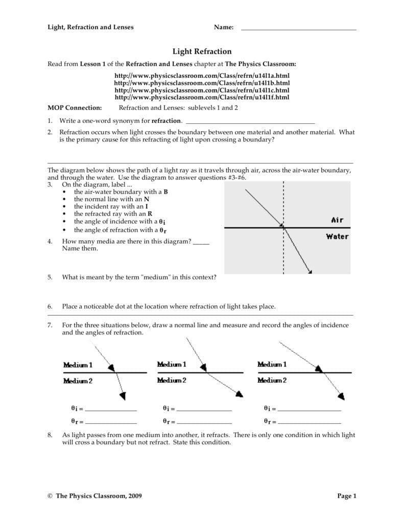 Physics Light Worksheet