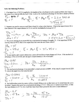 Physics Mechanical Advantage Worksheet By Galen West TpT