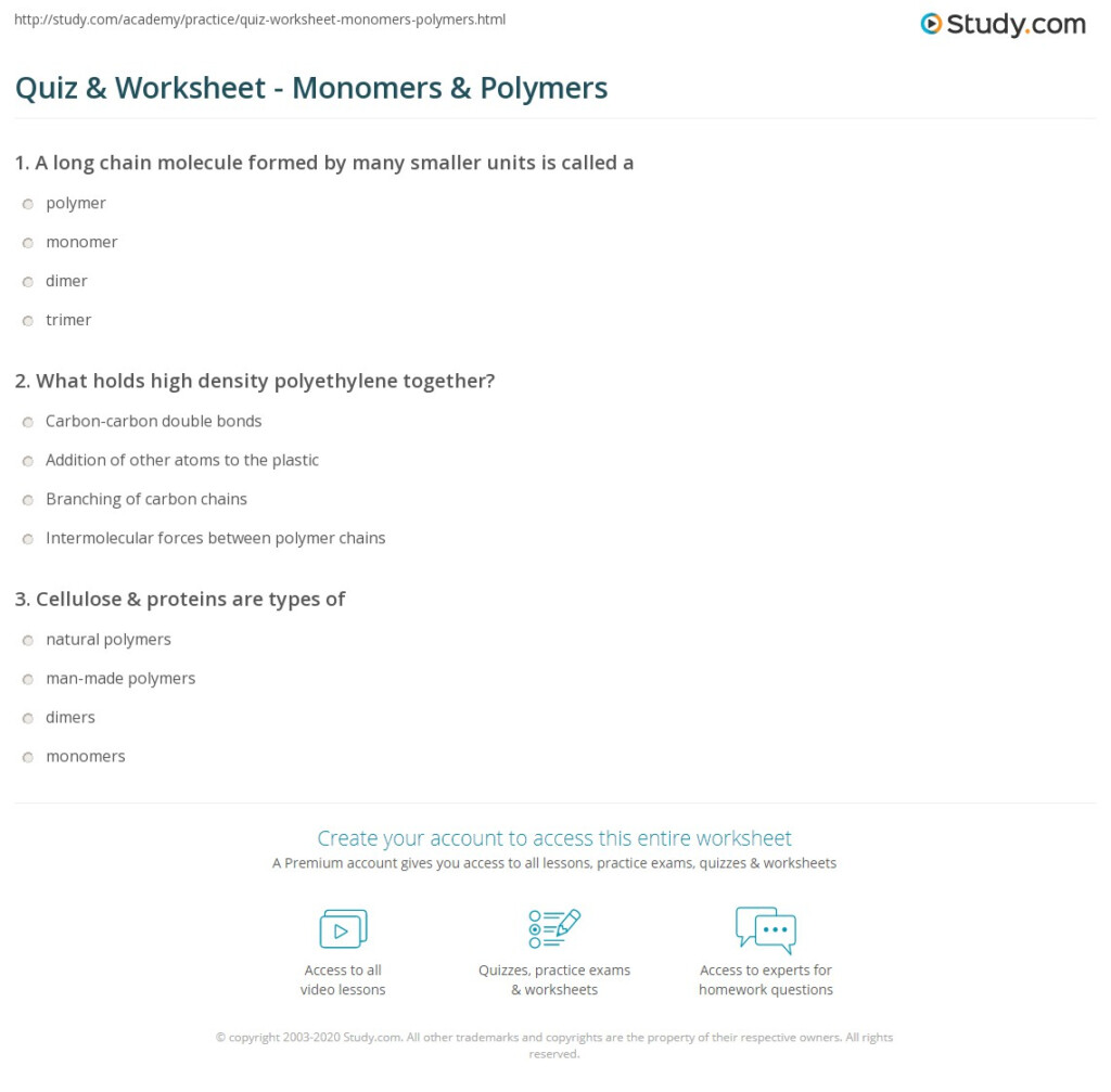 Quiz Worksheet Monomers Polymers Study