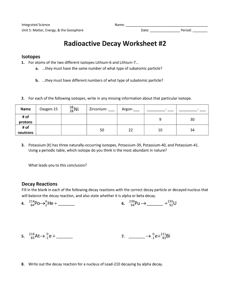 Radioactive Decay Worksheet 2 Answers Fill Online Printable