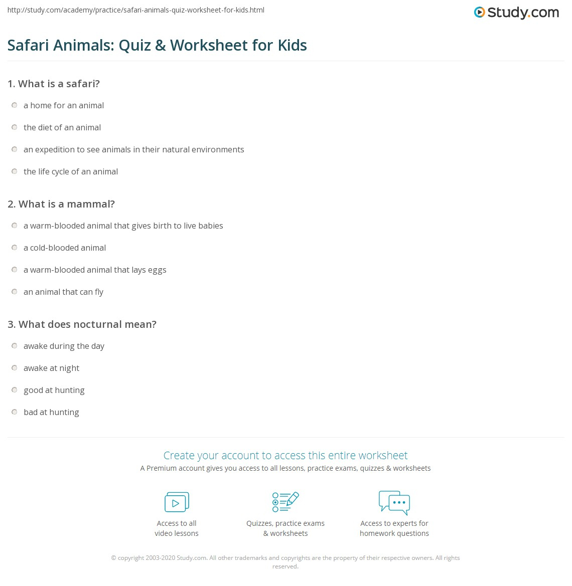 Safari Animals Quiz Worksheet For Kids Study