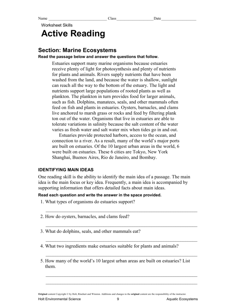 Skills Worksheet Active Reading What Is An Ecosystem Answers 