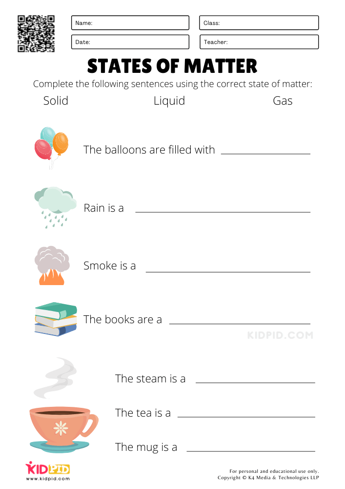 States Of Matter Science Worksheets For Kids Kidpid