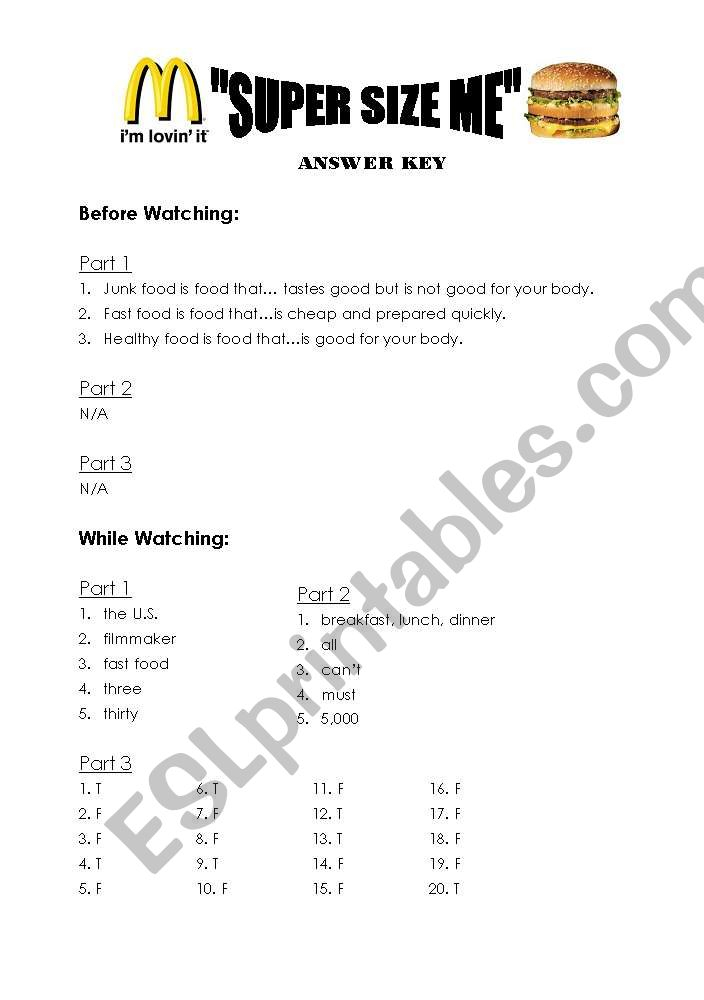 Super Size Me Film Worksheet