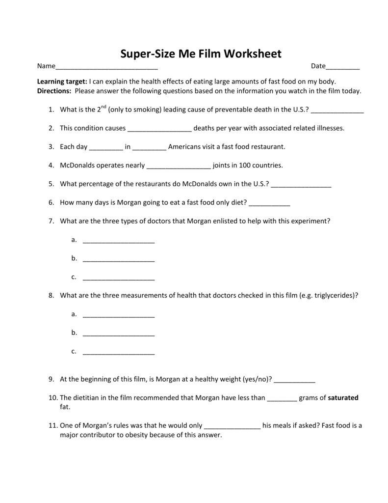 Supersize Me Worksheet Answers