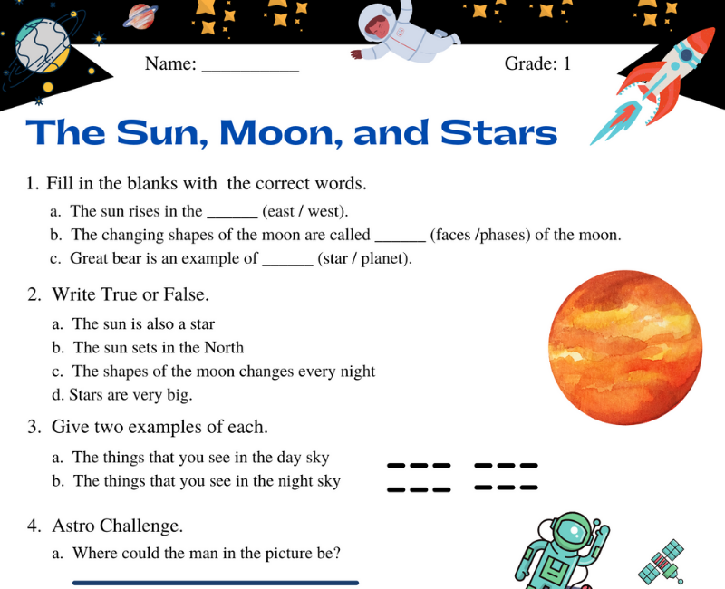 Teaching The Solar System The Sun Moon And Stars Class 1 Worksheet