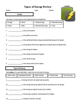 Types Of Energy Review Worksheet Or Guided Notes By Ground State Physics