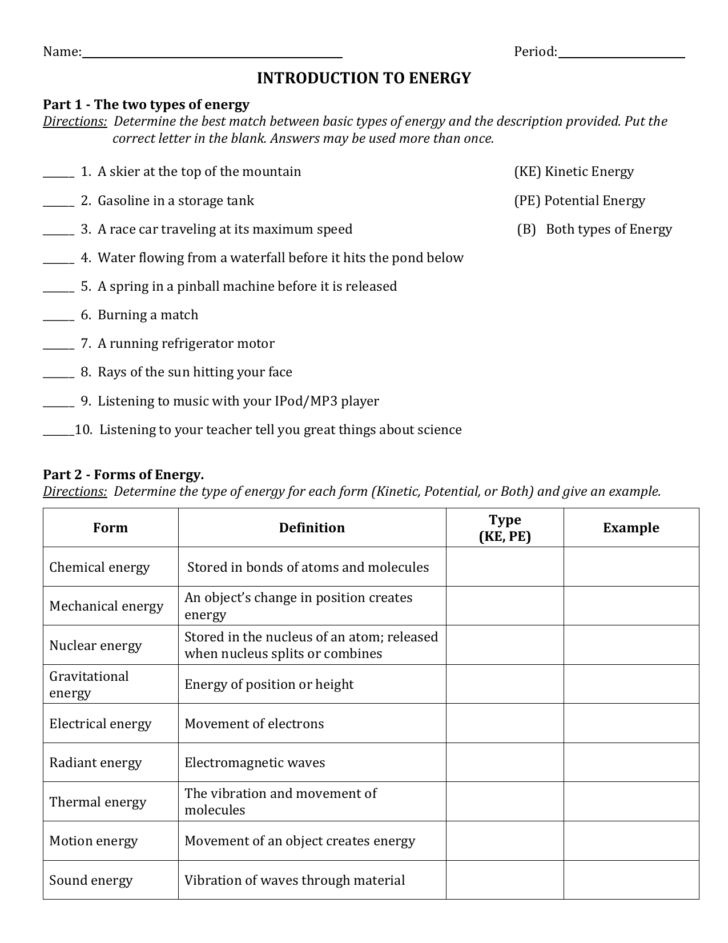 10 Introduction To Energy Worksheet Answer Key