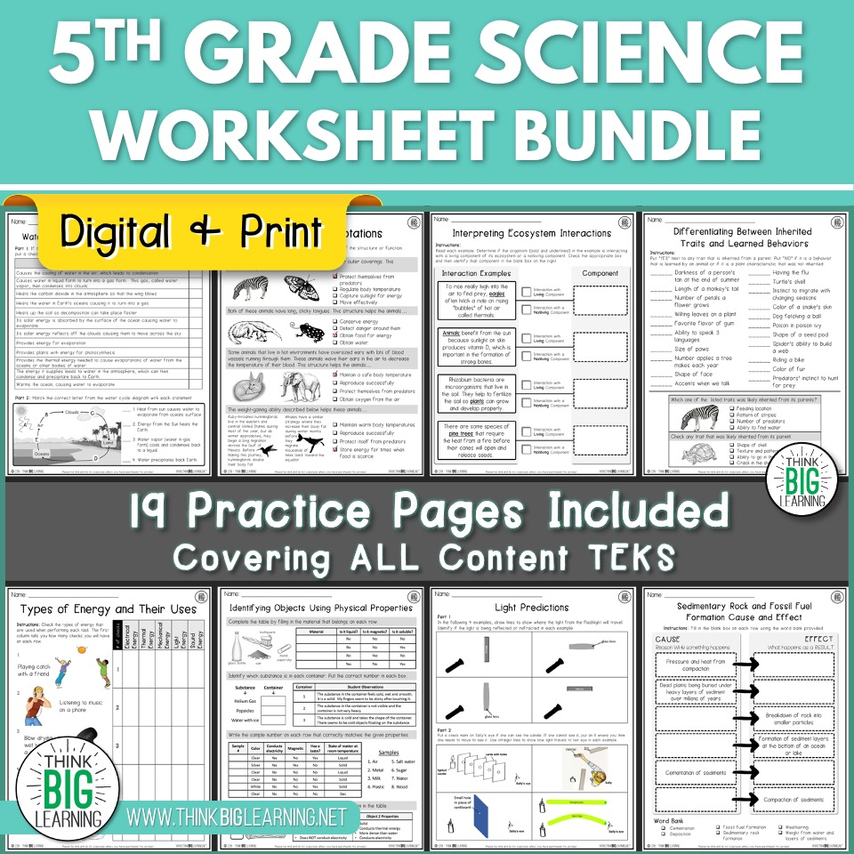 5th Grade Science STAAR Review Worksheets Bundle Digital And