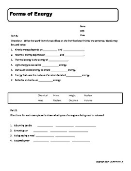 6th Grade Energy Worksheets By Lauren Allen Teachers Pay Teachers