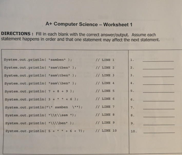 A Computer Science Output Worksheet 1 Answers Studying Worksheets