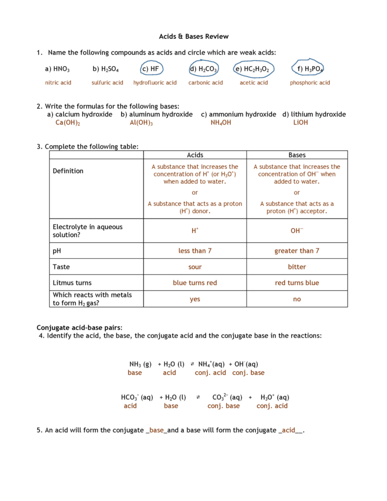 Acids And Bases Worksheet With Answers