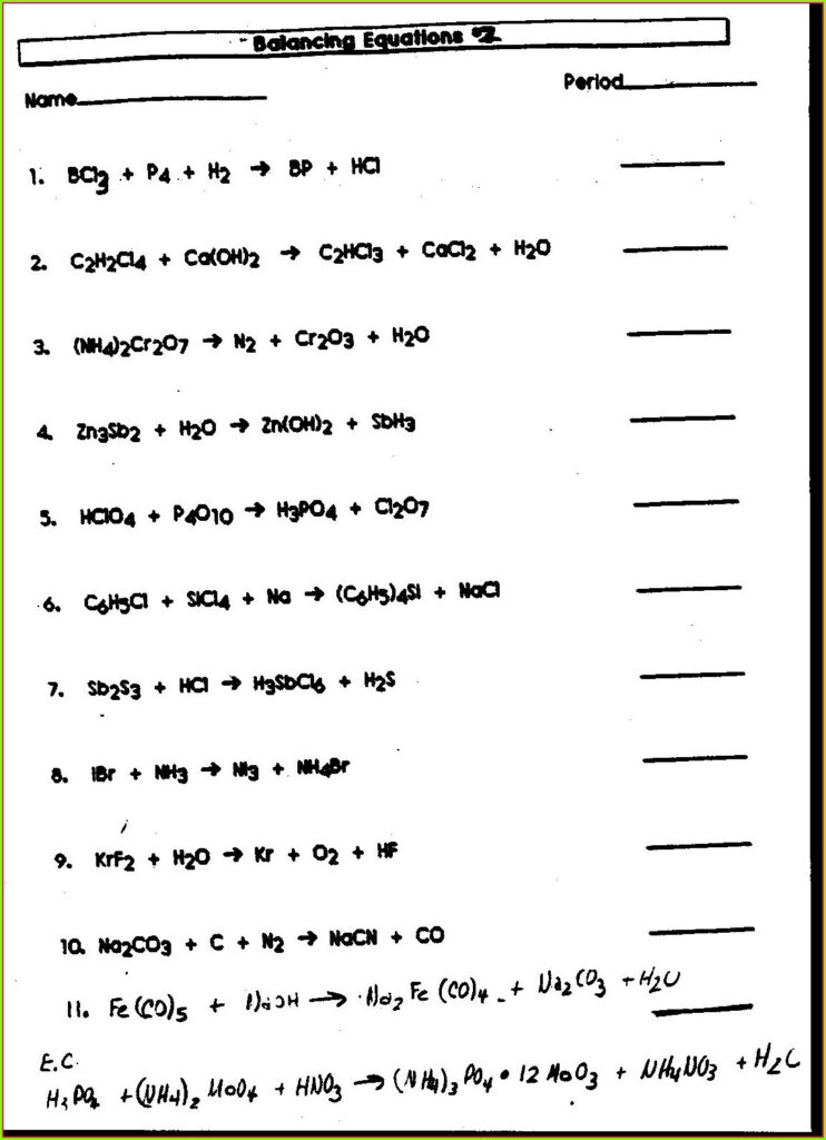 Balancing Equations Worksheet Physical Science Equations Worksheets