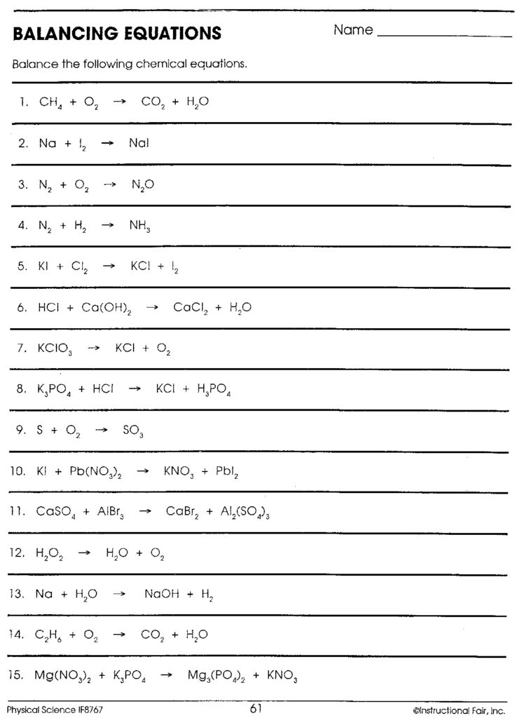 Balancing Equations Worksheet Physical Science If8767 Page 61 Answers 