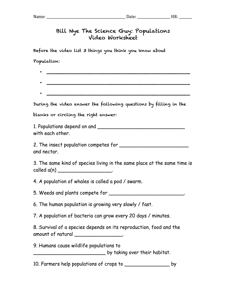 Bill Nye Populations Worksheet Answers Pdf Fill And Sign Printable