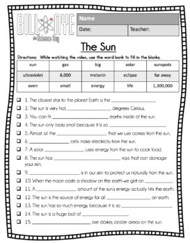 Bill Nye The Science Guy THE SUN Video Guide Quiz Worksheets TpT