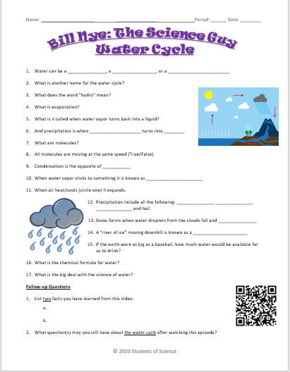 Bill Nye The Science Guy WATER CYCLE Video Worksheet Teaching Resources