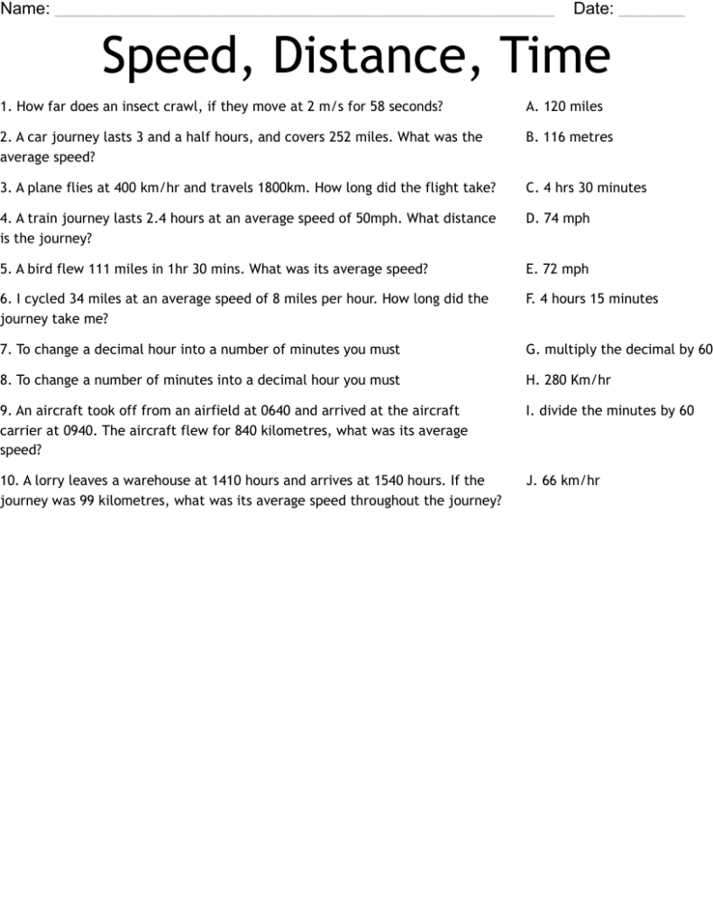 Calculating Speed Distance And Time Worksheet