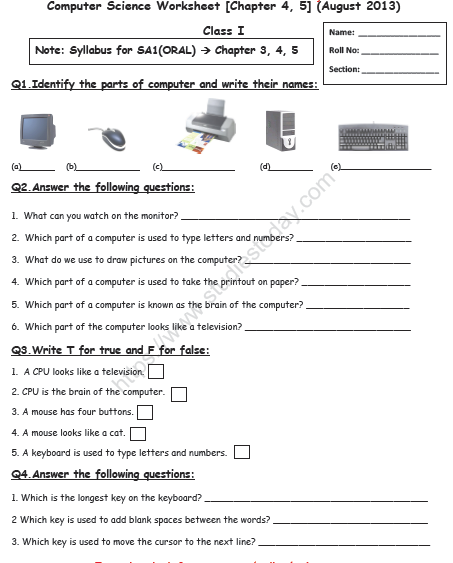 CBSE Class 1 Computer Science Revision Worksheet Set C Practice 