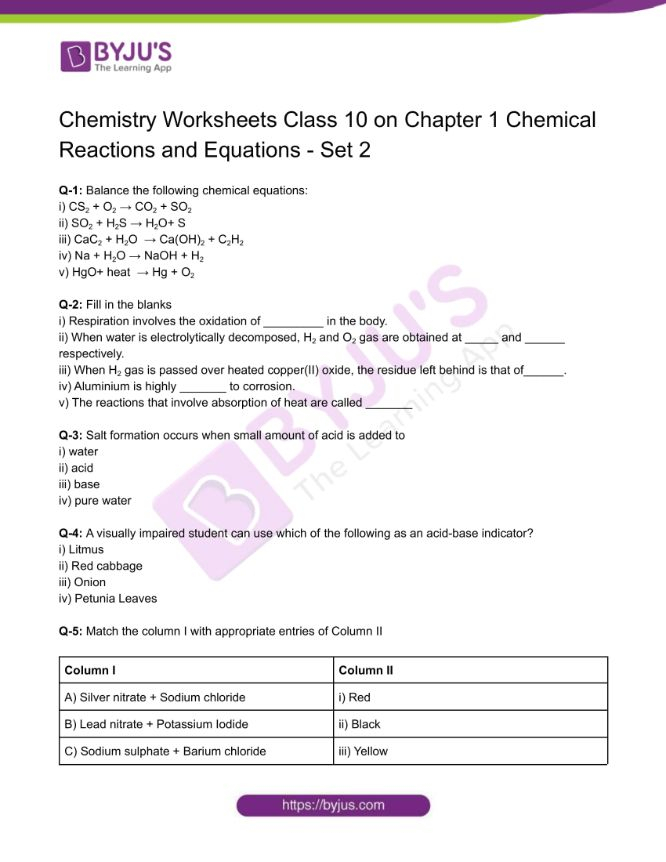 Class 10 Chemistry Worksheet On Chapter 1 Chemical Reactions And